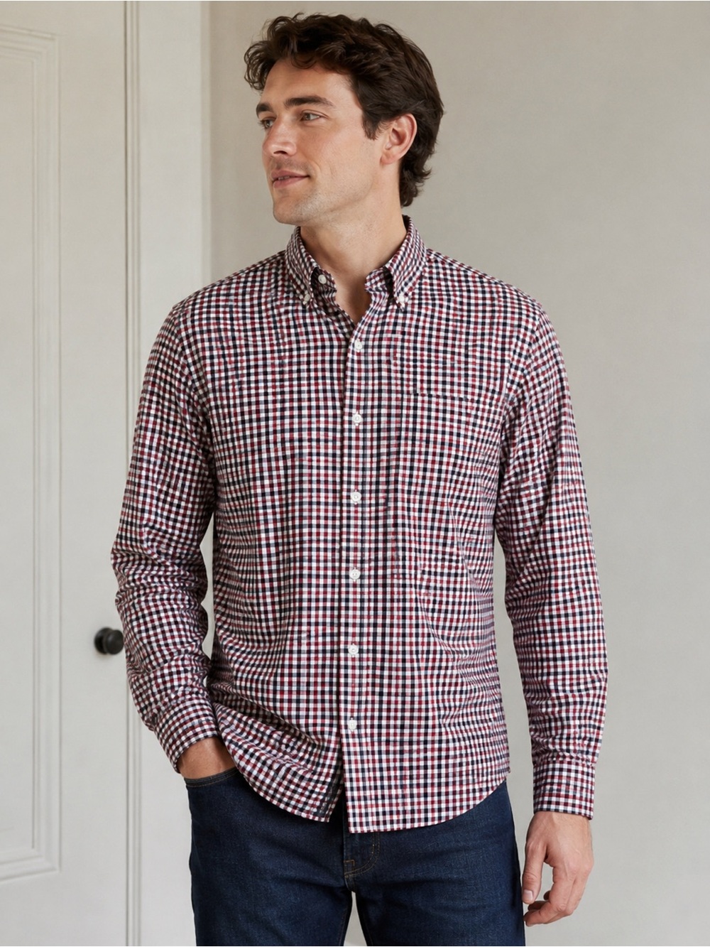 Red and Black Checkered Men's Shirt by J. Crew. Pre-loved.